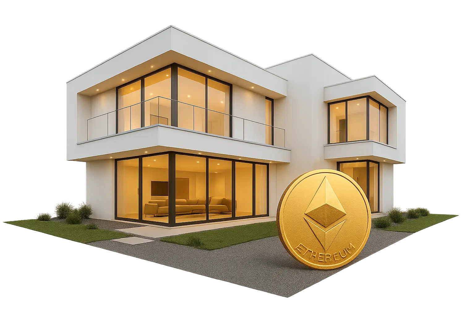 A gorgeous modern luxury home with a huge gold Ethereum coin in front