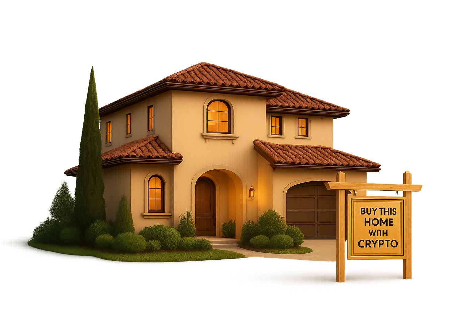 A modern, resort-style luxury home with a bitcoin stopwatch in front